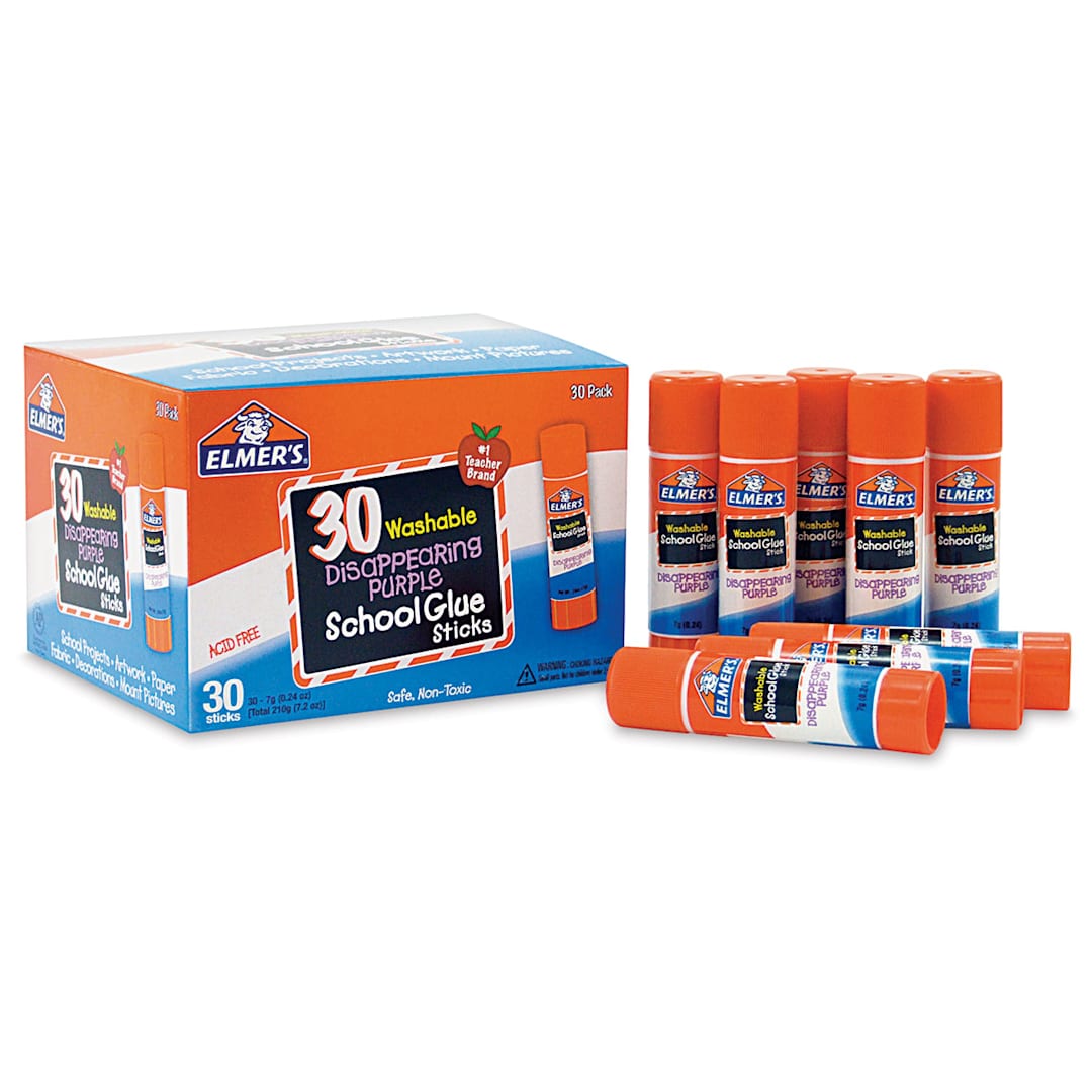 Open in modal - Elmer's Washable Disappearing Purple Glue Stick - 0.24 oz, Pkg of 30, contents laid out
