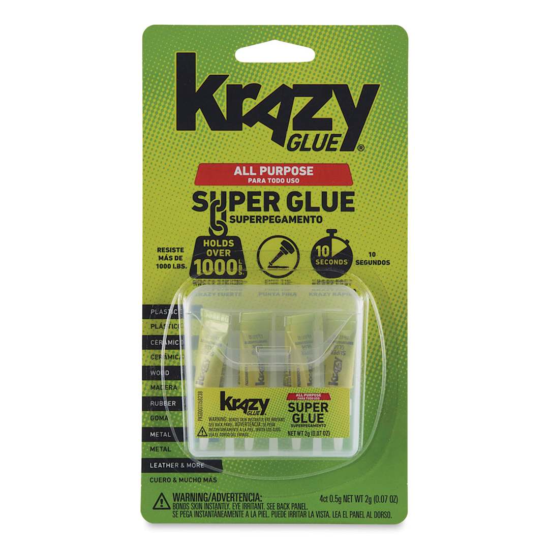 Open in modal - Krazy Glue All Purpose Super Glue - Front of package of 4 Single-Use .5 gram Tubes  in pouch