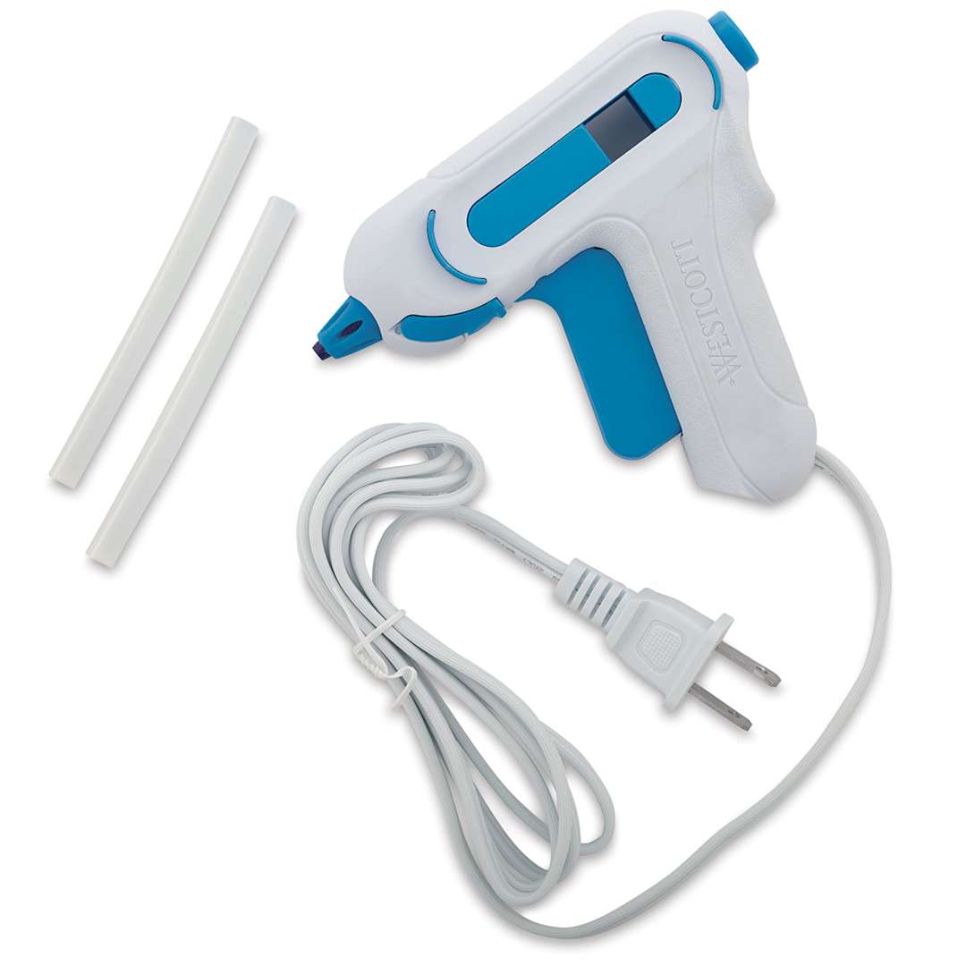 Open in modal - Westcott ProjectMate Low Temp Mini Hot Glue Gun - Side view of Glue Gun with 2 extra glue sticks
