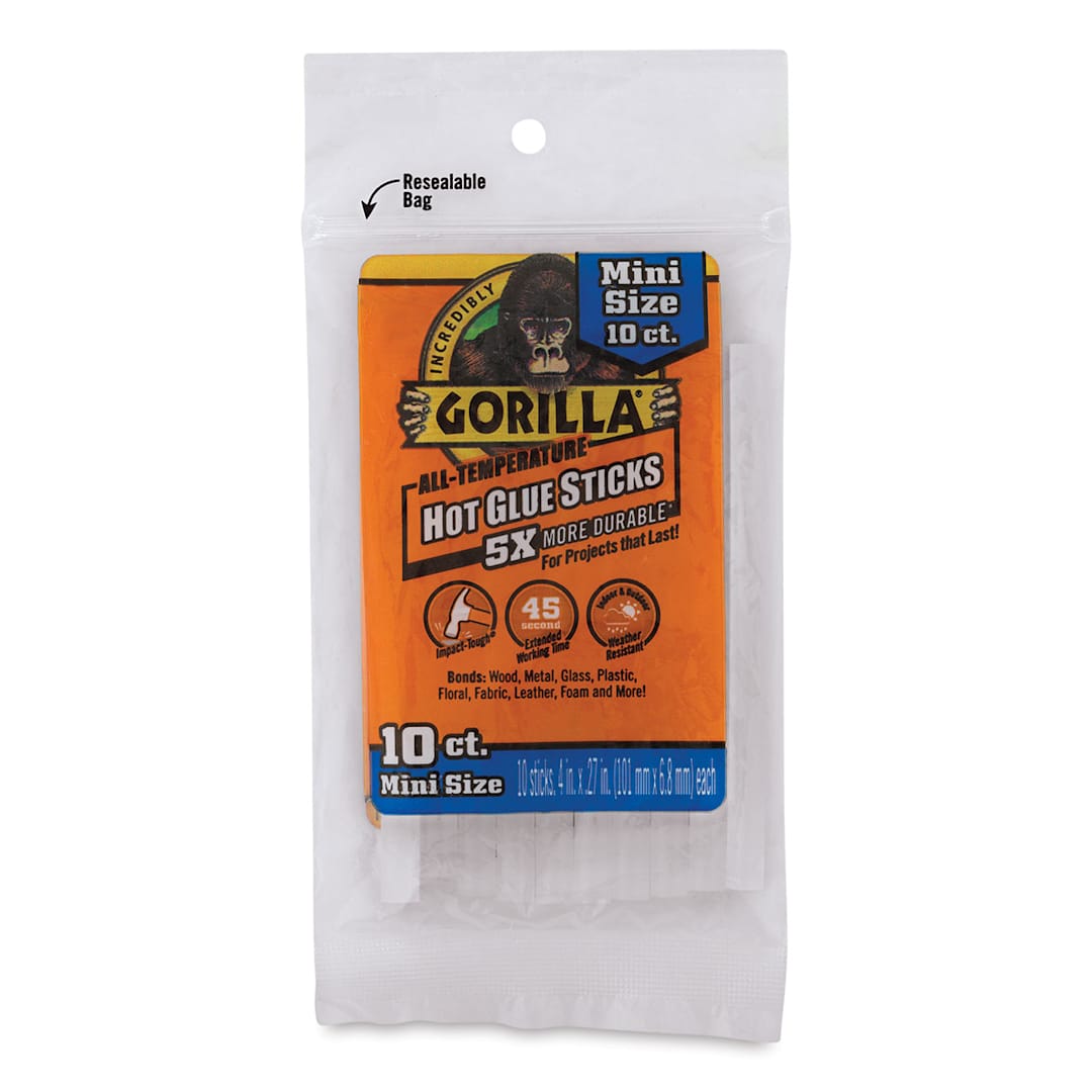 Open in modal - Gorilla Glue All-Temp Mini Hot Glue Sticks - Front view of package of 10 Glue Sticks