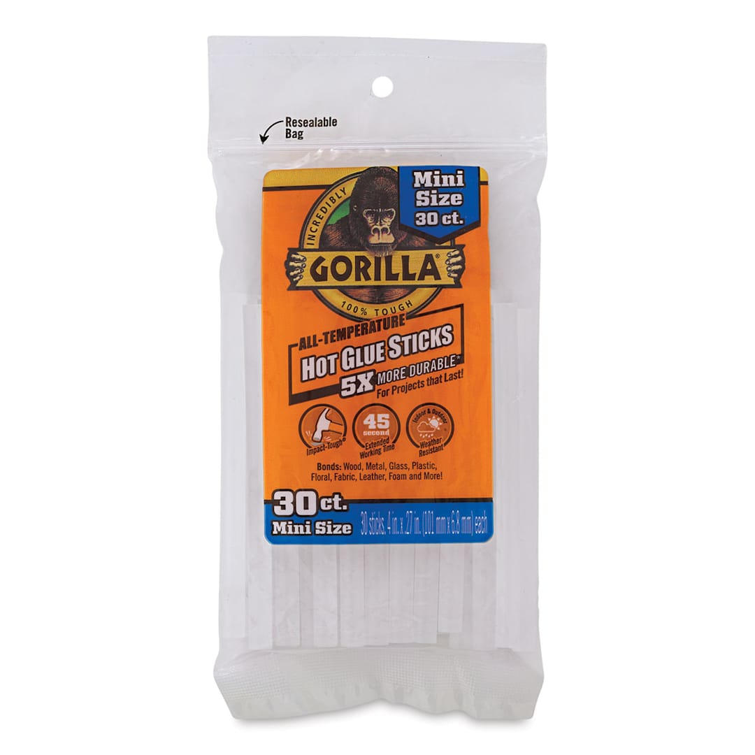 Open in modal - Gorilla Glue All-Temp Mini Hot Glue Sticks - Front view of package of 30 Glue Sticks