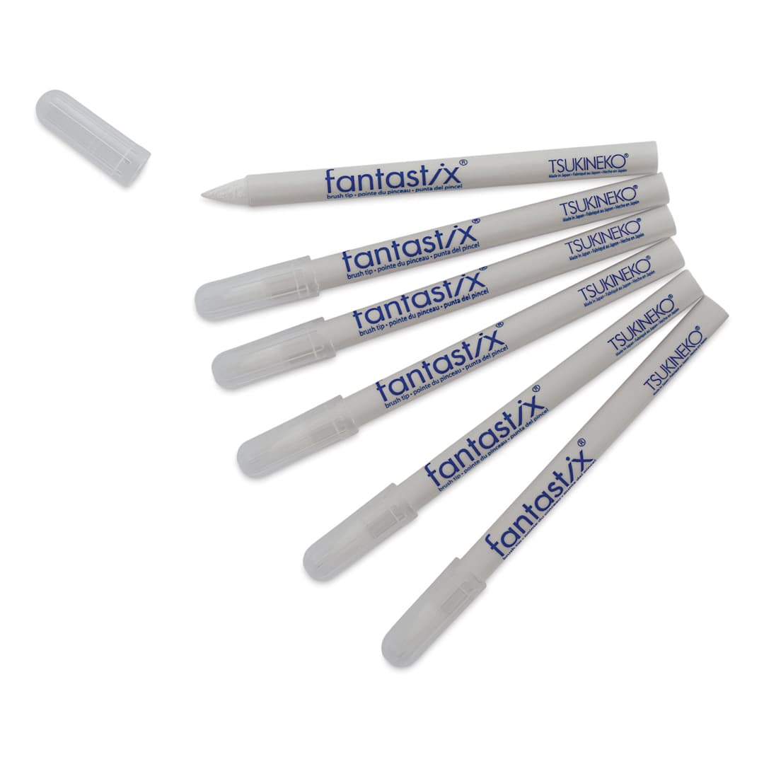 Open in modal - Tsukineko Fantastix Absorbent Coloring Tool - 6 Markers loose, one uncapped showing Brush Tip