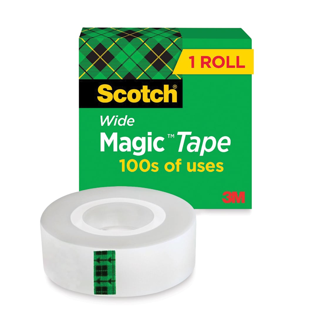 Open in modal - Scotch Magic Transparent Tape Roll - 1" x 36 yards, 1" Core, roll shown in front of packaging