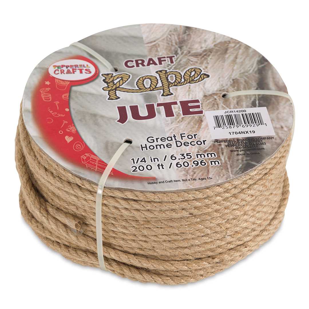 Open in modal - Pepperell Craft Natural Jute Craft Rope - Top angled view of 200 ft coiled Rope with label