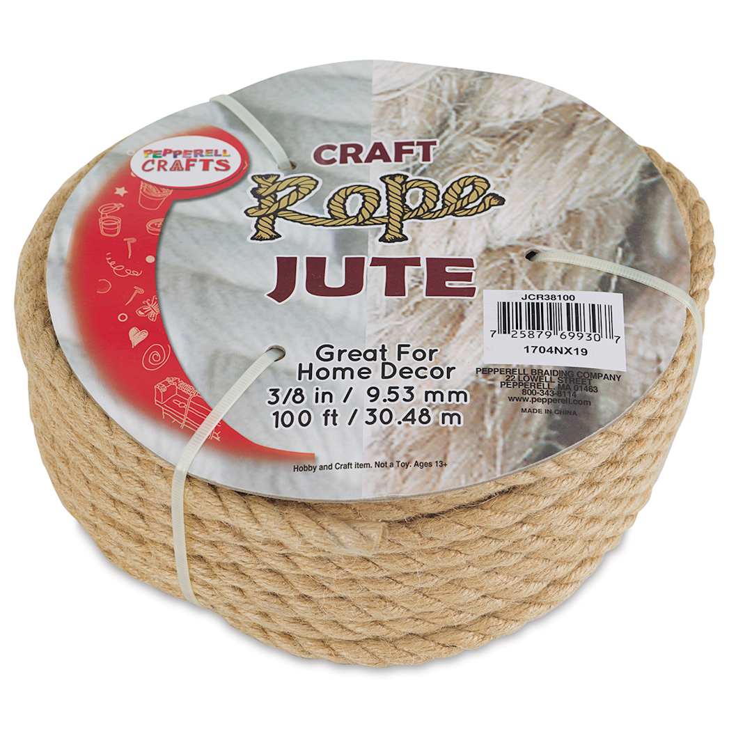 Open in modal - Pepperell Craft Natural Jute Craft Rope - Top angled view of 100 ft coiled Rope with label