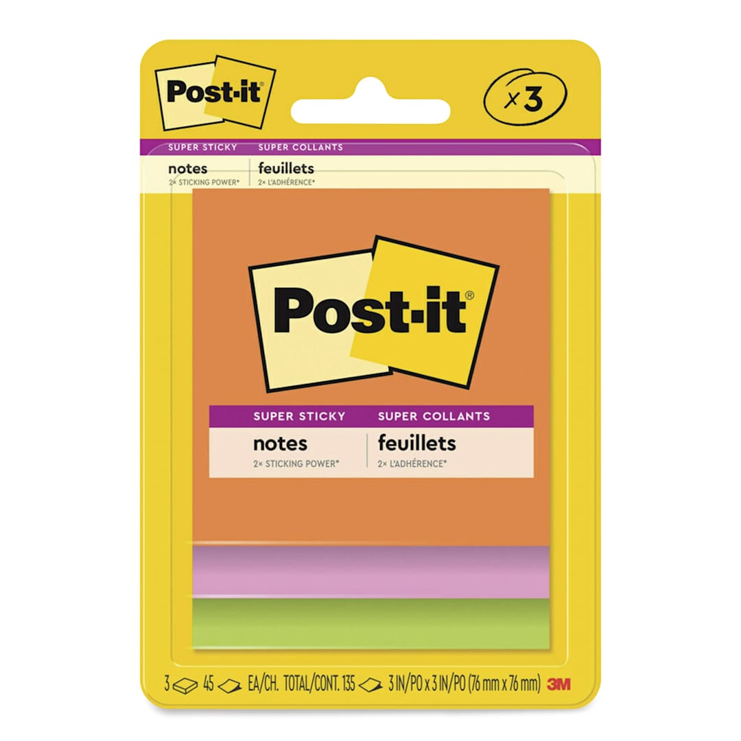 Open in modal - Post-it Super Sticky Notes - 3" x 3", Energy Boost Collection, Blank, Pkg of 3, front of packaging