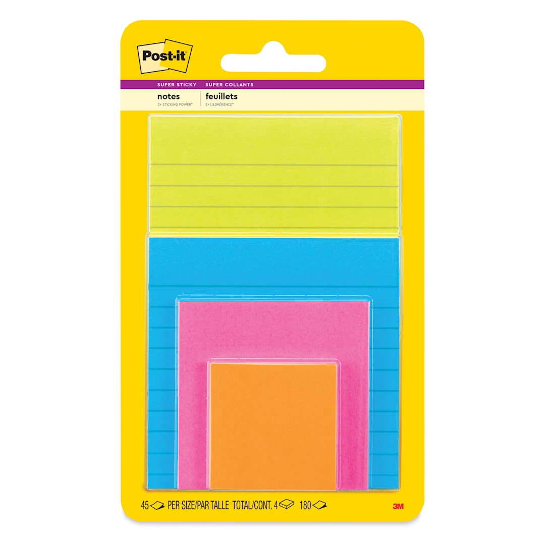 Open in modal - Post-it Super Sticky Notes - Pkg of 4, Assorted Sizes, Energy Boost Collection Assortment front of packaging