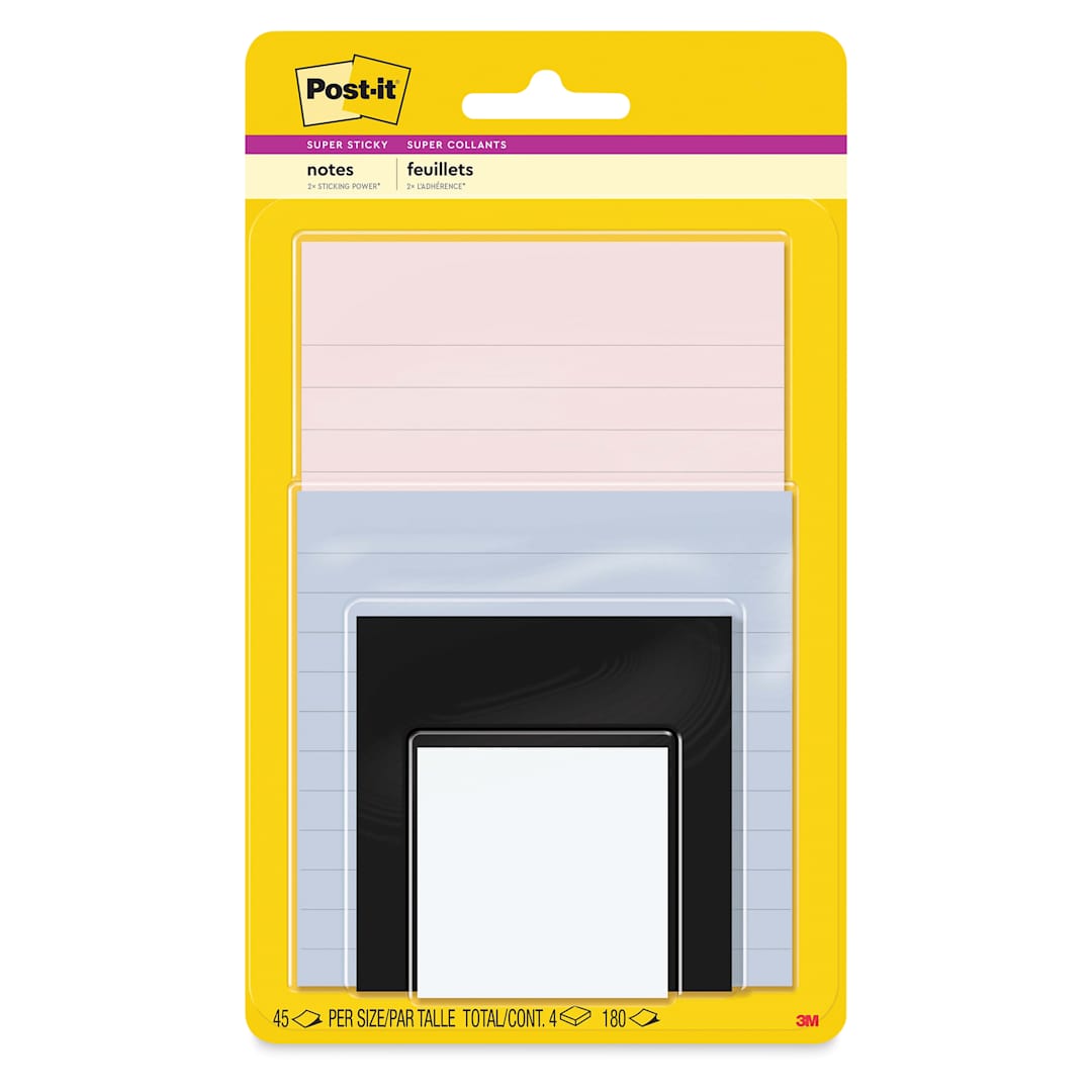 Open in modal - Post-it Super Sticky Notes - Pkg of 4, Assorted Sizes, Simply Serene Collection Assortment front of packaging