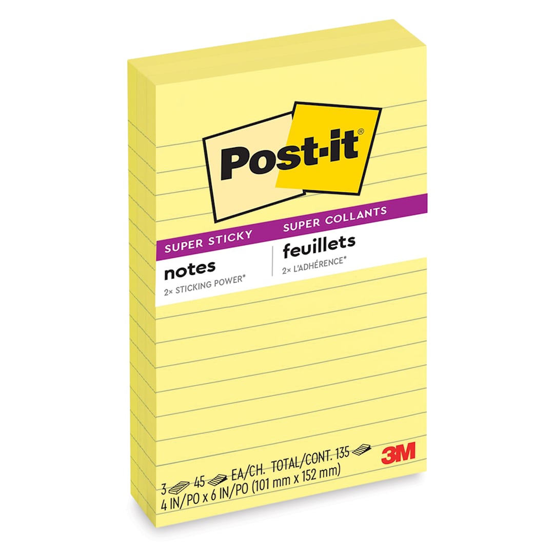 Open in modal - Post-it Super Sticky Notes - Pkg of 3, 4" x 6", Canary Yellow, Lined front of packaging