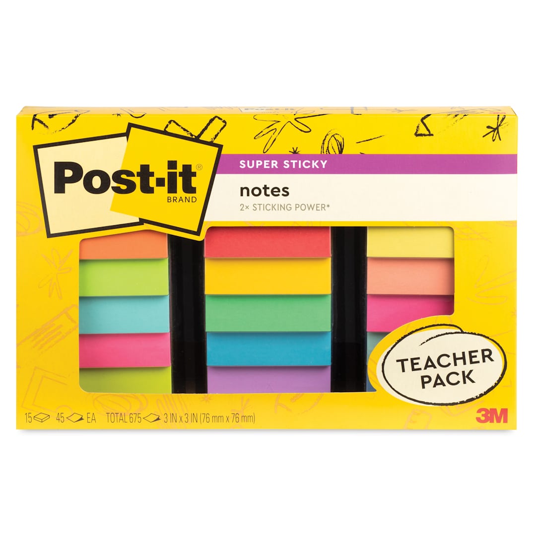 Open in modal - Post-it Super Sticky Notes - Pkg of 15, 3" x 3", Bright Colors Teacher Pack, Blank front of packaging
