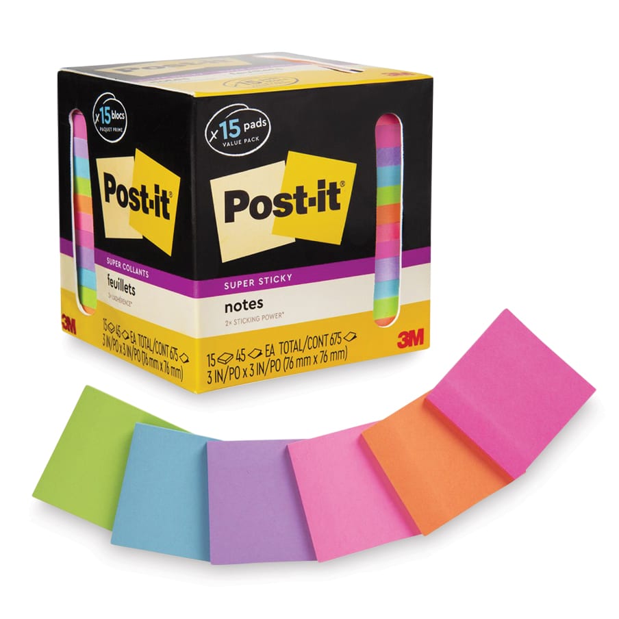 Open in modal - Post-it Super Sticky Notes - Pkg of 15, 3" x 3", Bright Colors, Blank front of packaging