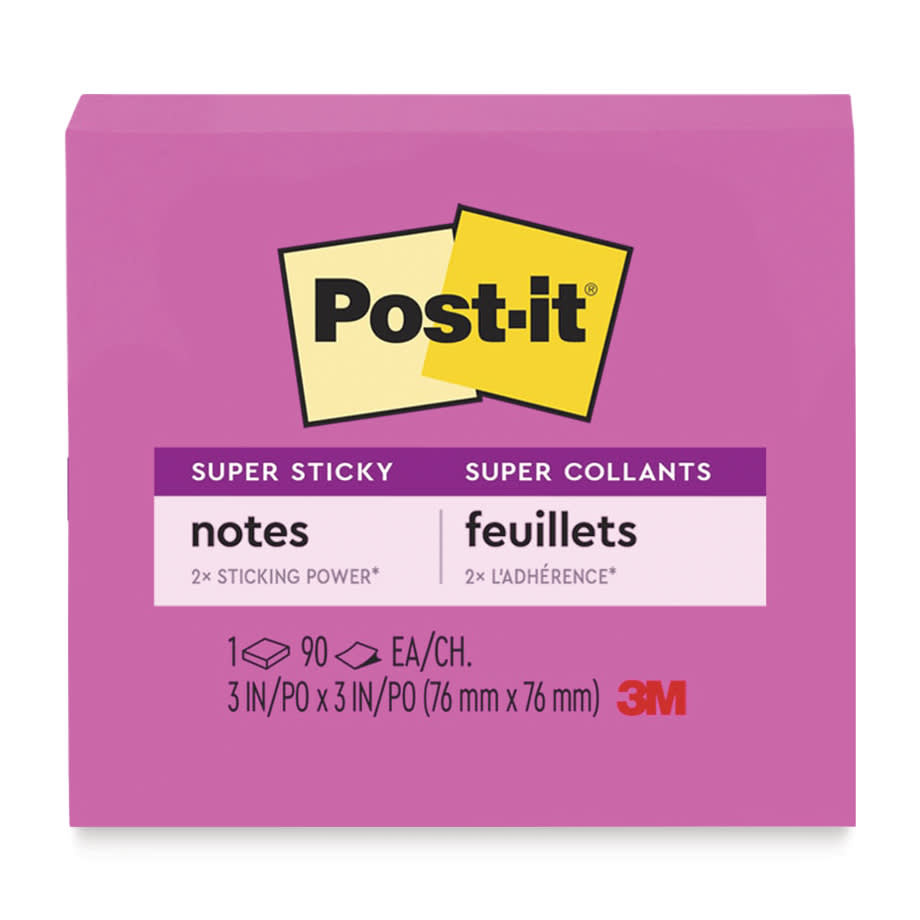 Open in modal - Post-it Super Sticky Notes - Single Pad, 3" x 3", Bright Pink, Blank front of packaging