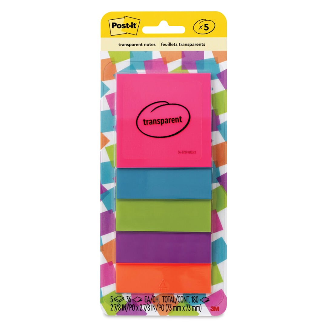 Open in modal - Post-It Transparent Notes - Pkg of 5, 2.8" x 2.8", Assorted front of packaging
