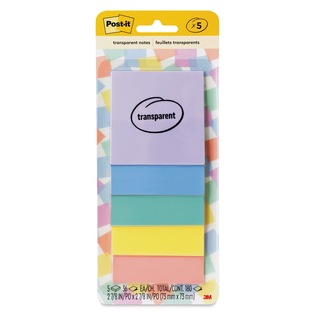 Open in modal - Post-It Transparent Notes - Pkg of 5, 2.8" x 2.8", Pastels front of packaging