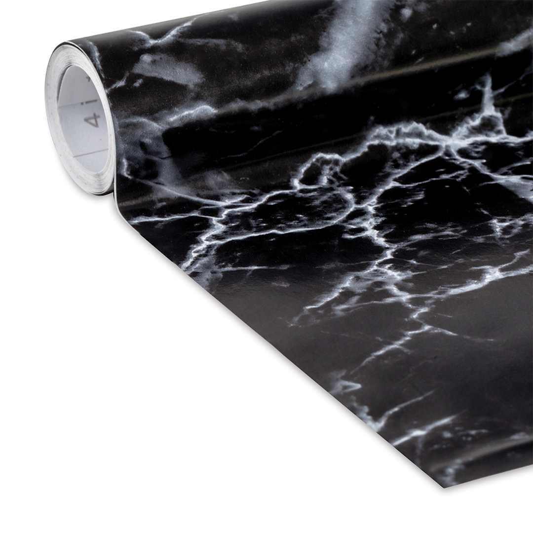 Open in modal - Duck EasyLiner Adhesive Laminate - Closeup of slightly unrolled removable Black Marble pattern 