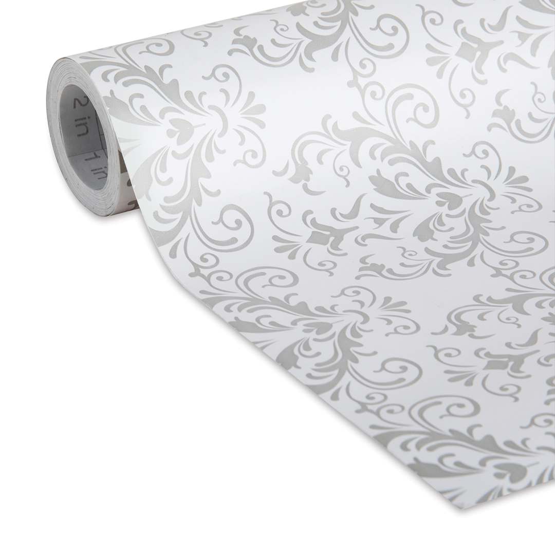 Open in modal - Duck EasyLiner Adhesive Laminate - Closeup of slightly unrolled removable Gray Damask pattern 