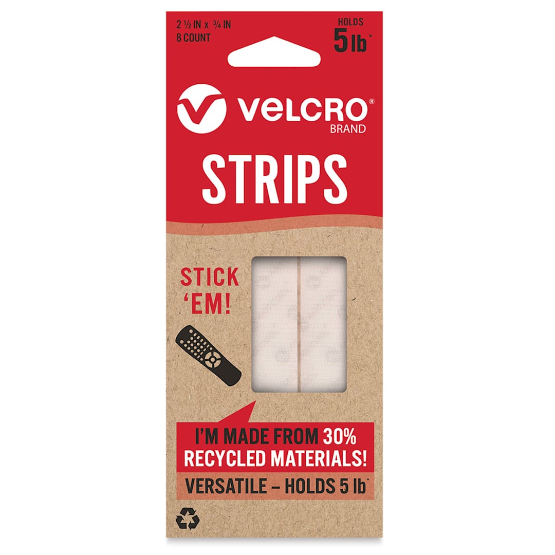 Open in modal - Velcro Brand ECO Collection Strips, White, Pkg of 8, 2-1/2" x 3/4", Front Of Package
