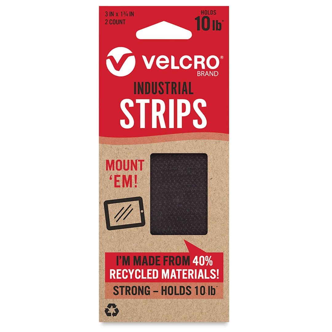 Open in modal - Velcro Brand ECO Collection Industrial Strips, Pkg of 2, Black, 3" x 1-3/4", Front Of Package