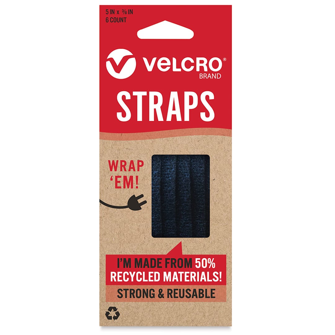 Open in modal - Velcro Brand ECO Collection Straps, Black, 5" x 3/8", Pkg of 6, Front Of Package