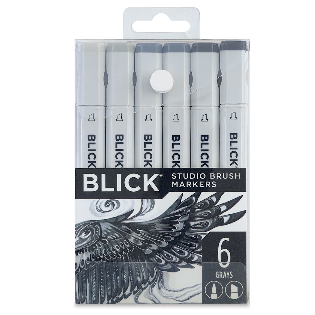 Open in modal - Blick Studio Brush Markers - Gray Colors, Set of 6. Front of package.