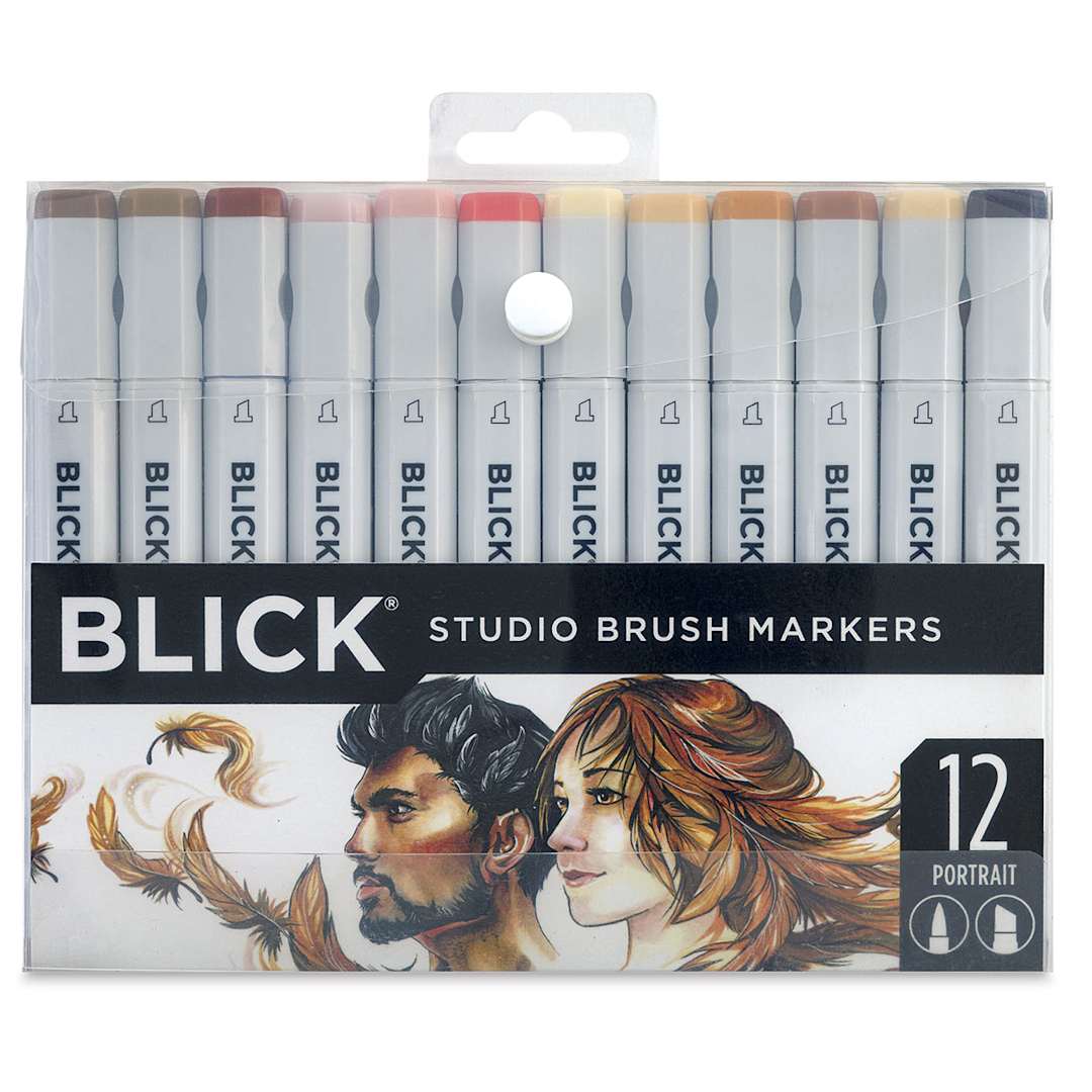 Open in modal - Blick Studio Brush Markers -  Portrait Colors, Set of 12. Front of package.