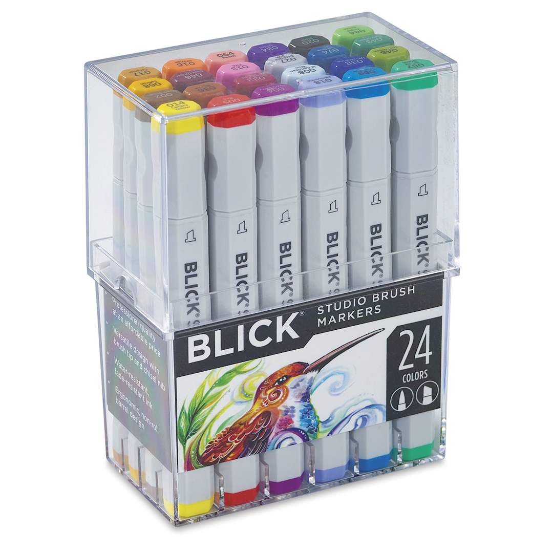 Open in modal - Blick Studio Brush Markers- Set of 24 Assorted Colors. Front of package.