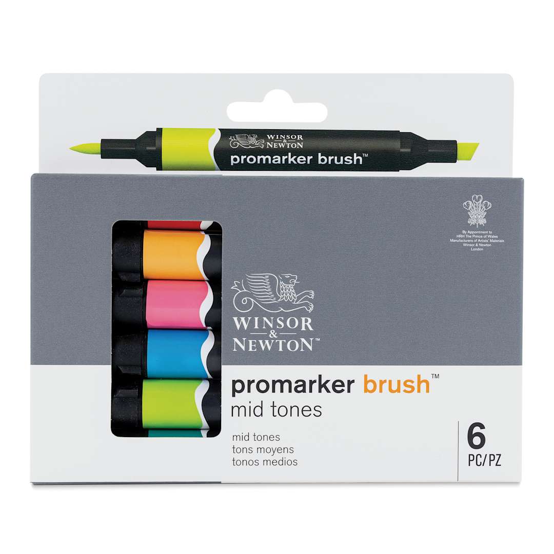 Open in modal - Winsor & Newton Promarker Brush Markers - Mid Tones, Set of 6, front of the packaging