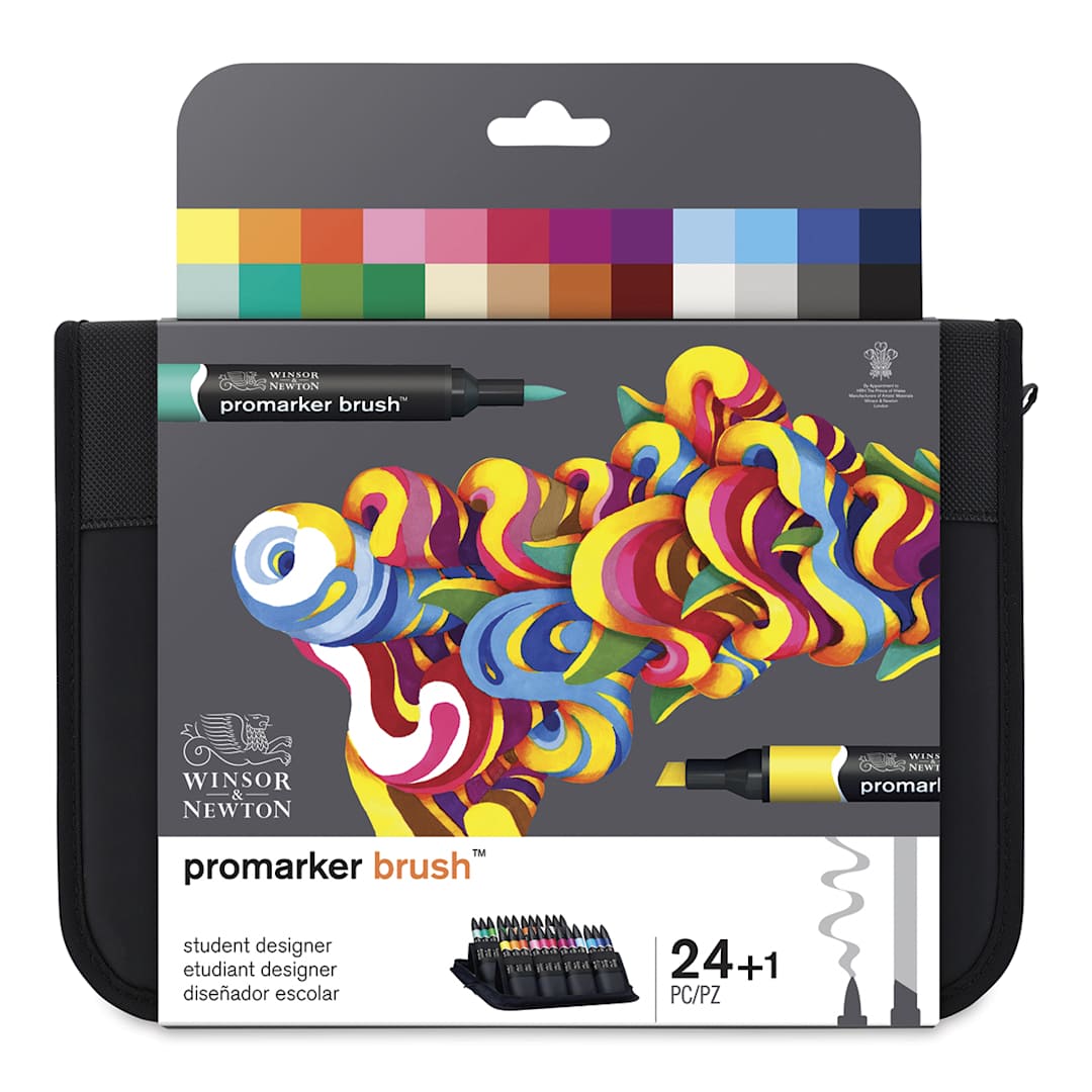 Open in modal - Winsor & Newton Promarker Brush Markers - Front of package of 24 pc Student Designer Colors Set