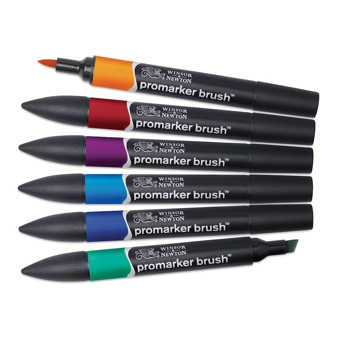 Open in modal - Winsor & Newton Promarker Brush Markers - Rich Tones, Set of 6, markes fanned out