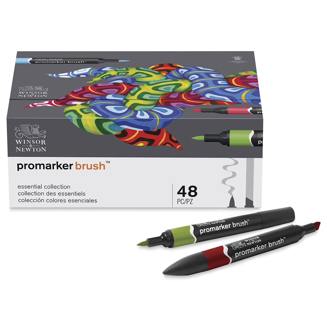 Open in modal - Promarker Brush Markers - Front of package of 48 pc Essential Colors with 2 markers out and uncapped