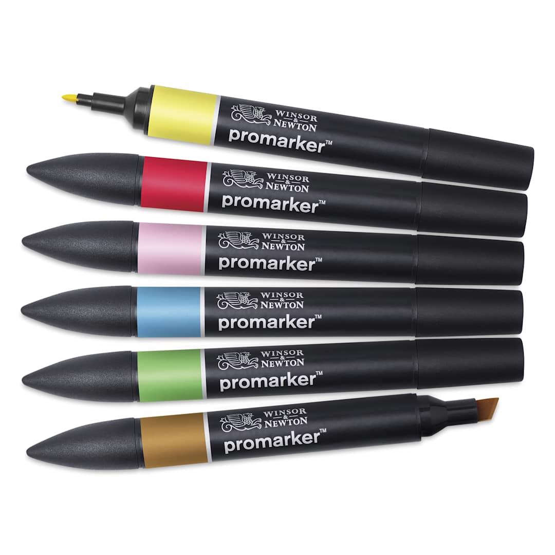 Open in modal - Winsor & Newton Promarkers - Mid Tones, Set of 6, laid out