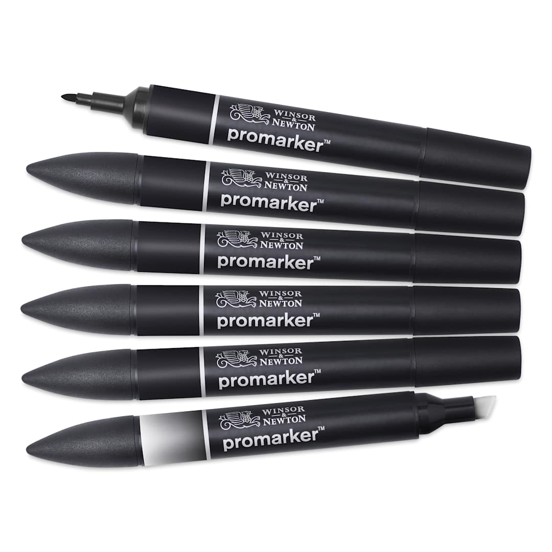 Open in modal - Winsor & Newton Promarkers - Black and Blender, Set of 6, laid out