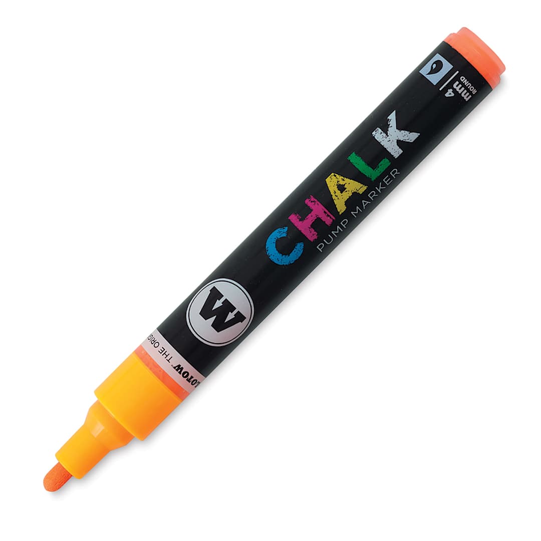 Open in modal - Molotow Chalk Markers - 4mm Orange Bullet Nib marker shown uncapped at angle
