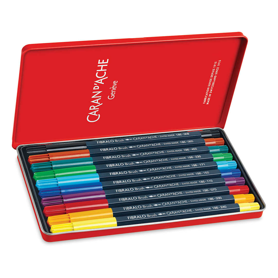 Open in modal - Caran d'Ache Fibralo Brush Marker Sets - Set of 10 markers shown in storage tin