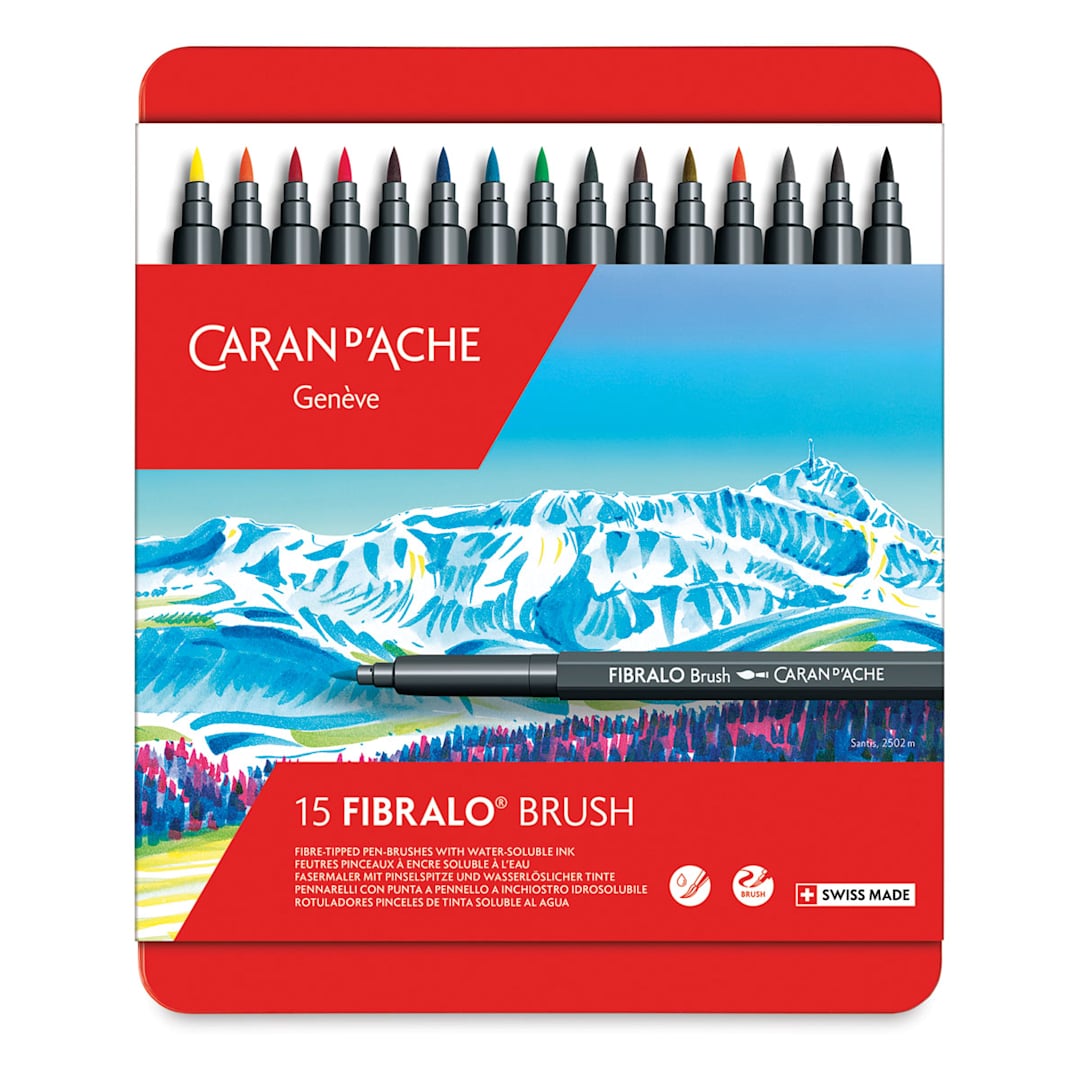 Open in modal - Caran d'Ache Fibralo Brush Marker Sets - Front of package of 15 markers with markers slightly out