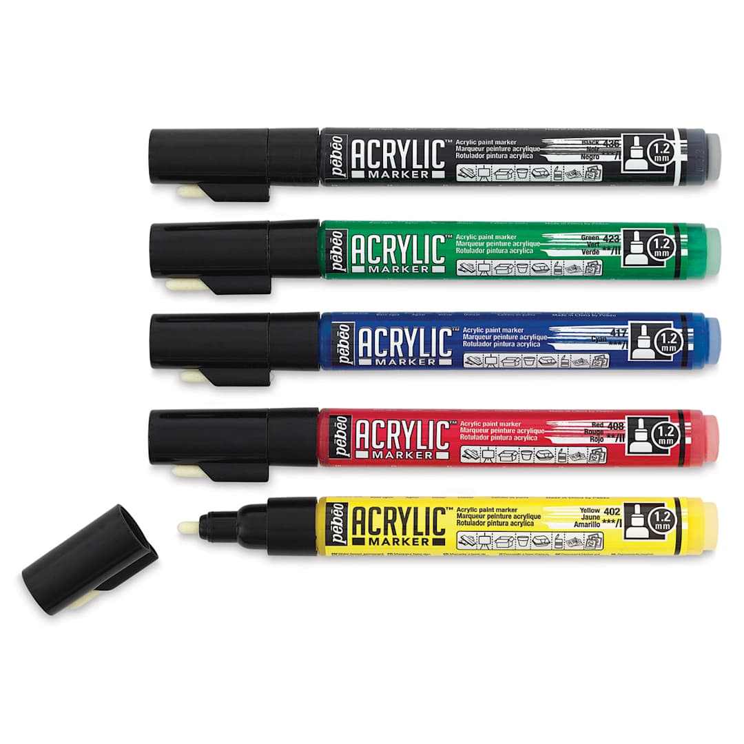Open in modal - Pebeo Acrylic Markers - 5 pc Set of Primary Color Markers shown horizontally with one uncapped