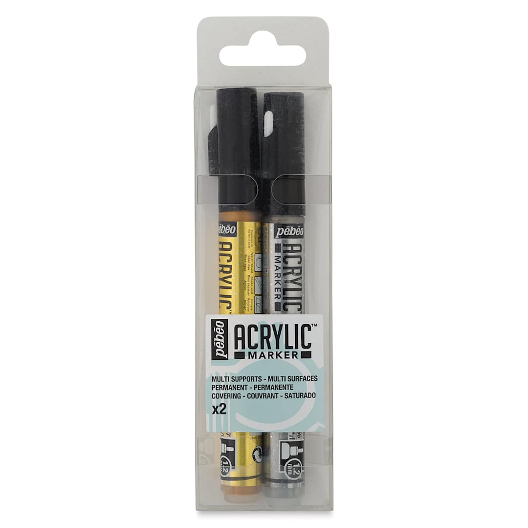 Open in modal - Pebeo Acrylic Markers - Front of blister package of Gold and Silver Markers

