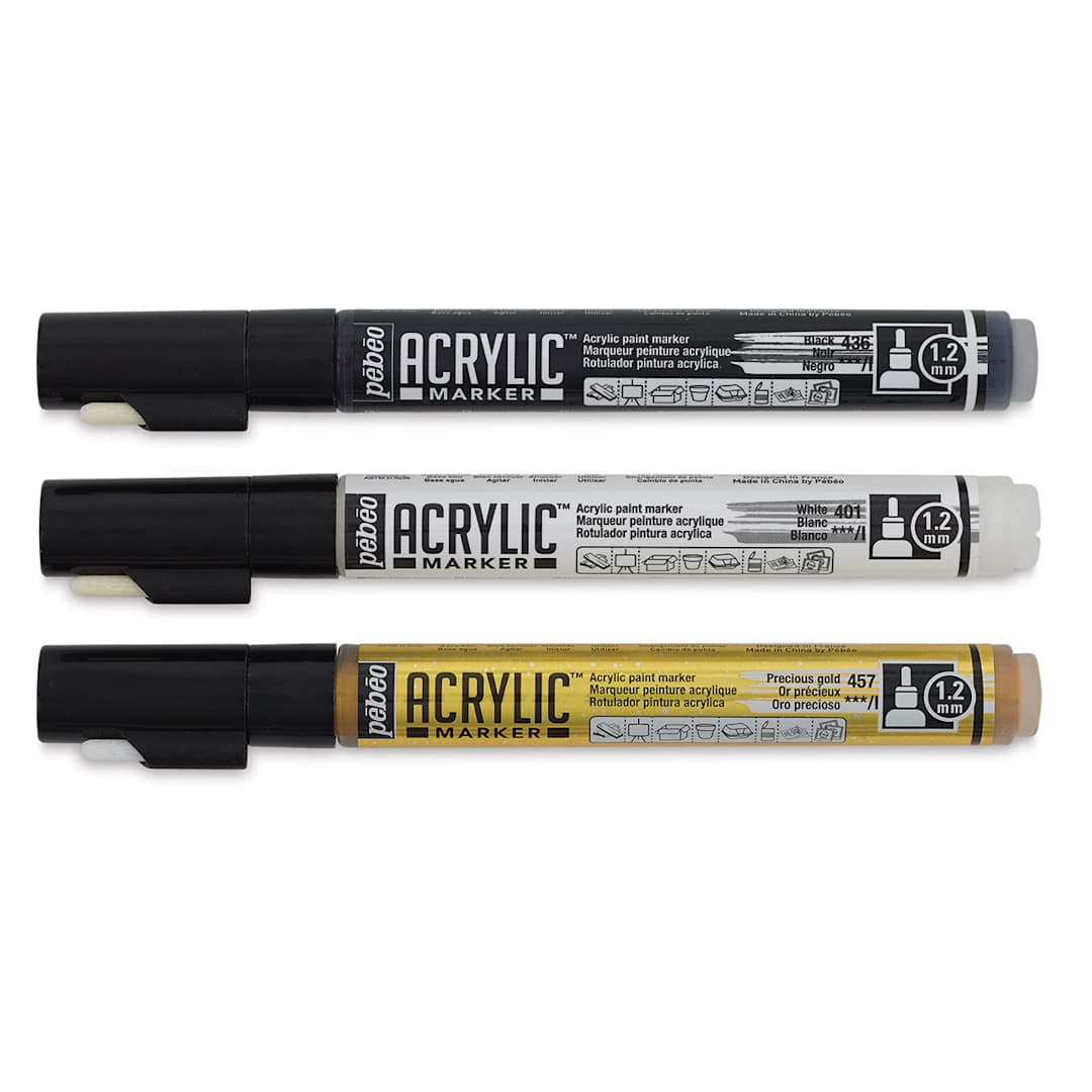Open in modal - Pebeo Acrylic Markers - Capped Black, White, and Gold markers shown horizontally
