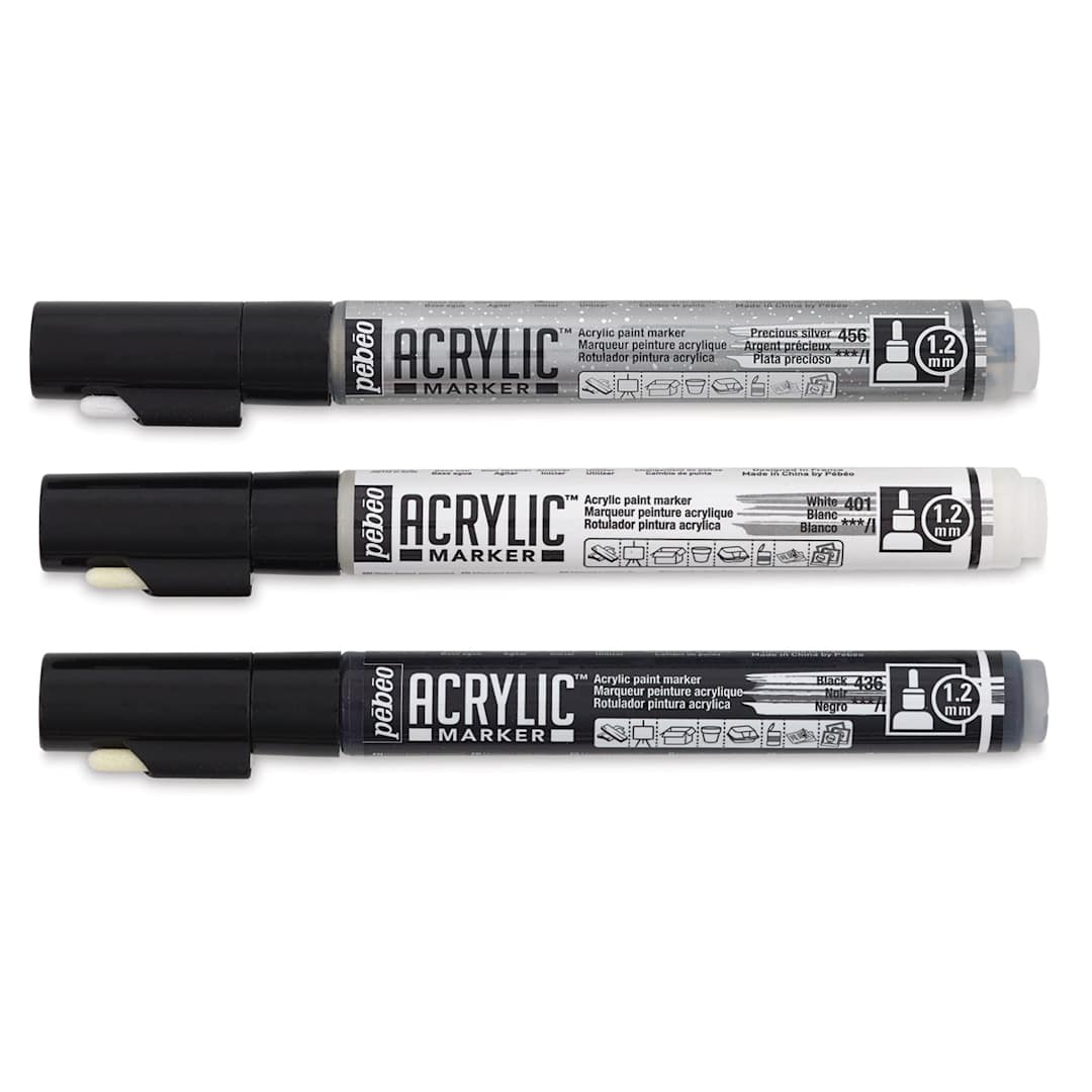 Open in modal - Pebeo Acrylic Markers - Capped Black, White, and Silver markers shown horizontally
