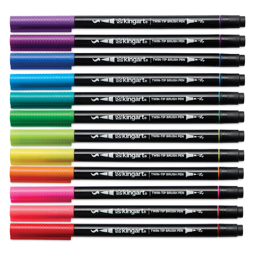 Open in modal - Kingart Twin-Tip Brush Pen Set - Bright, Set of 12, markers laid out with caps on