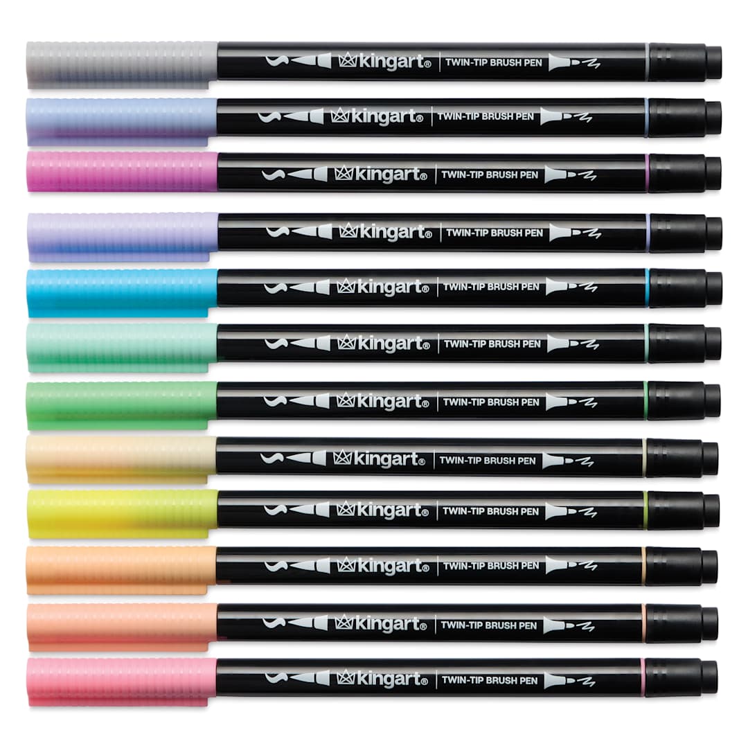 Open in modal - Kingart Twin-Tip Brush Pen Set - Pastel, Set of 12, markers laid out with caps on