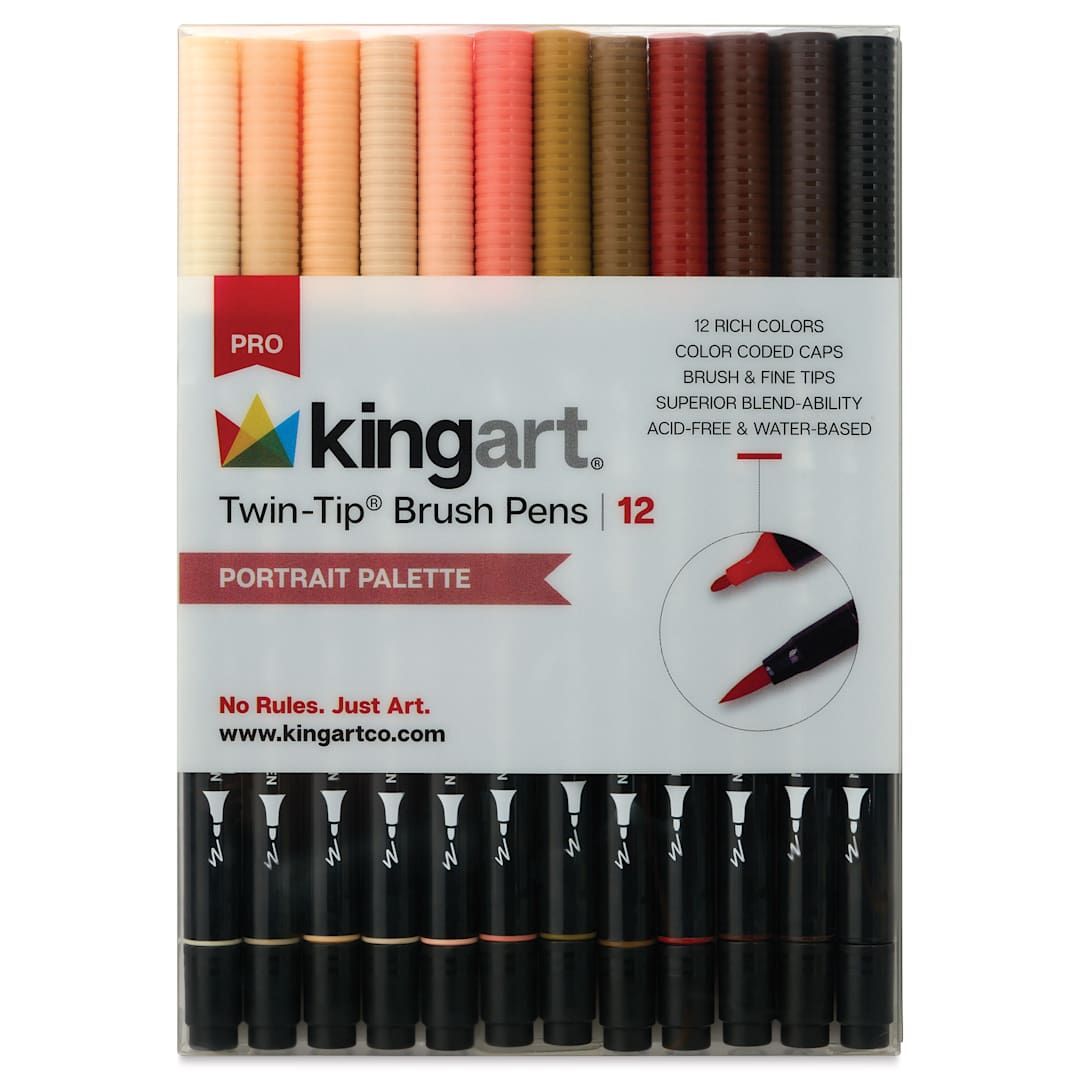 Open in modal - Kingart Twin-Tip Brush Pen Set - Portrait, Set of 12, front of the packaging
