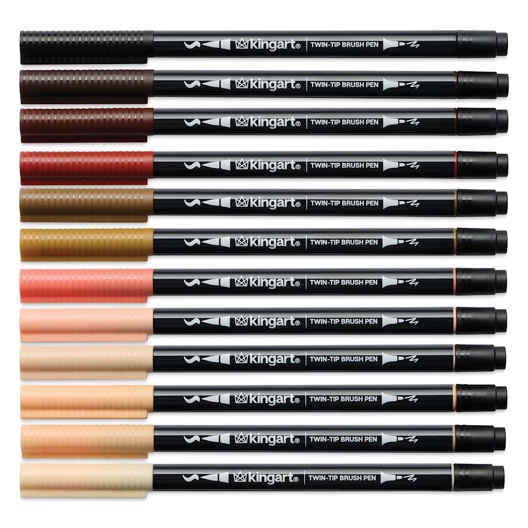 Open in modal - Kingart Twin-Tip Brush Pen Set - Portrait, Set of 12, markers laid out with caps on