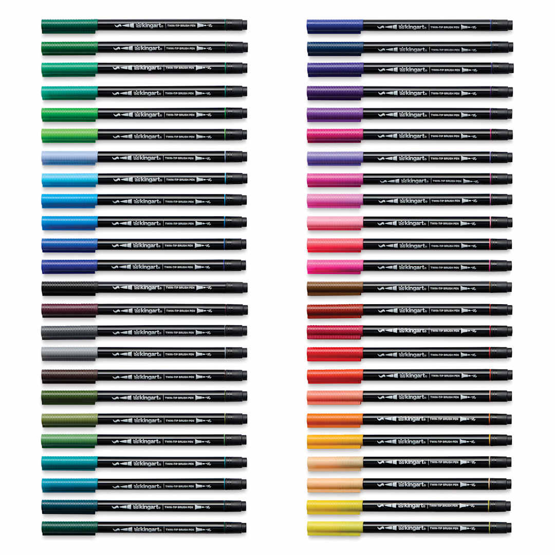Open in modal - Kingart Twin-Tip Brush Pen Set - Set of 48, markers laid out with caps on