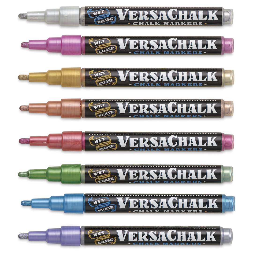 Open in modal - VersaChalk Wet Erase Liquid Chalk Markers - Metallic Colors, 3 mm, Set of 8, Fine Tip, cap off