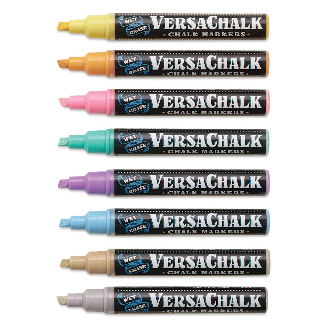 Open in modal - VersaChalk Wet Erase Liquid Chalk Markers - Pastel Colors, 5 mm, Set of 8, Bold Tip, caps off
