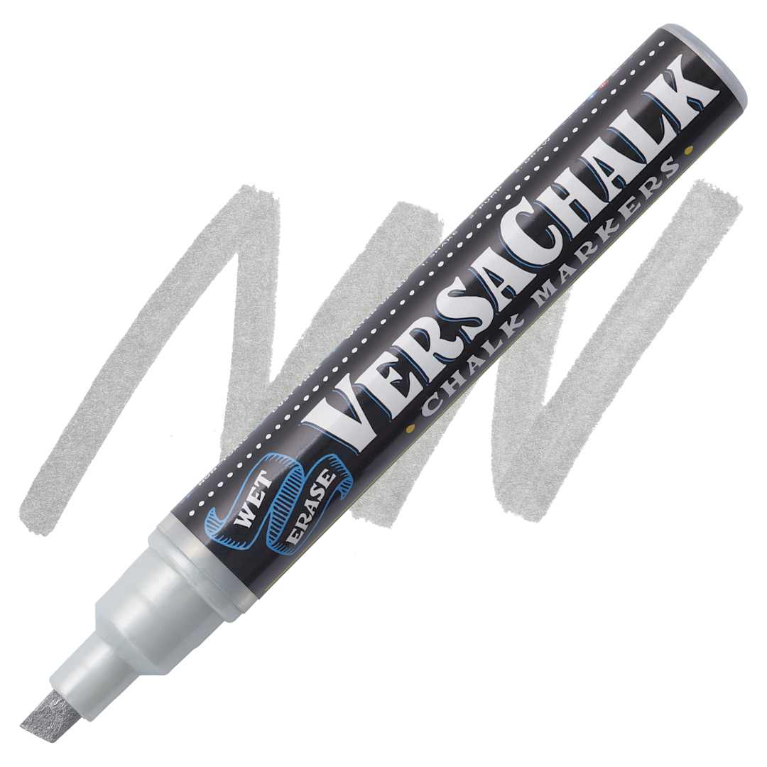 Open in modal - VersaChalk Wet Erase Liquid Chalk Marker - Metallic Silver, 5 mm, Bold Tip, swatch and marker