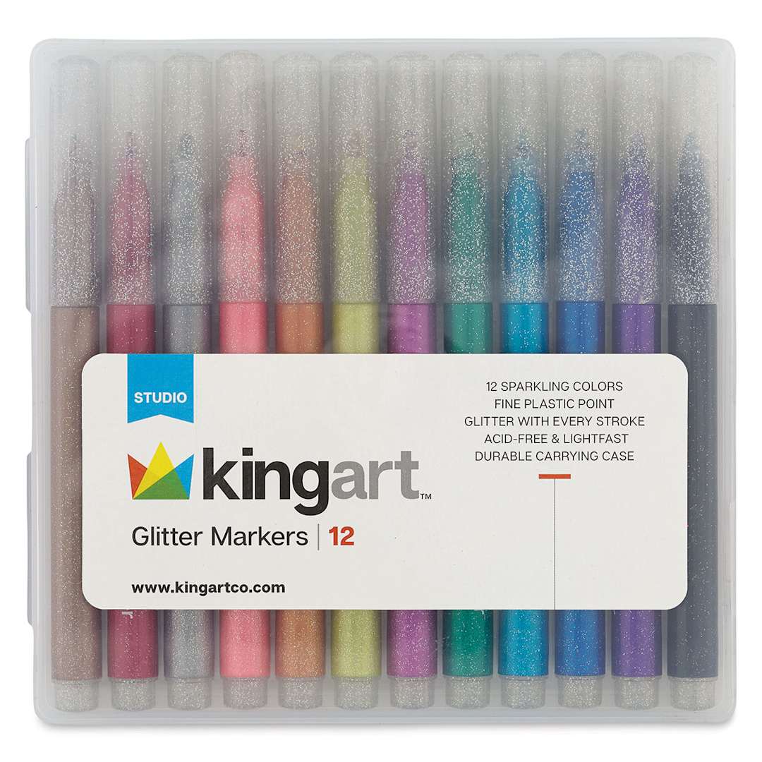 Open in modal - Kingart Glitter Marker Set - Front of package of 12 markers
