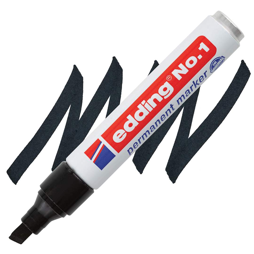 Open in modal - Edding Permanent Marker - Black, No.1, Chisel Nib, 1-5 mm marker and swatch