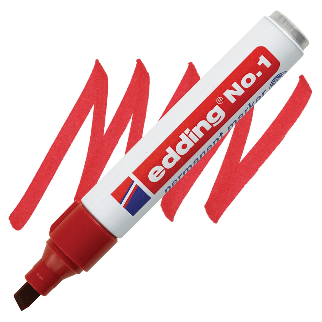 Open in modal - Edding Permanent Marker - Red, No.1, Chisel Nib, 1-5 mm marker and swatch